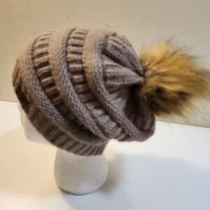 CC Cozy Knit Beanie with Faux Fur Pom OS